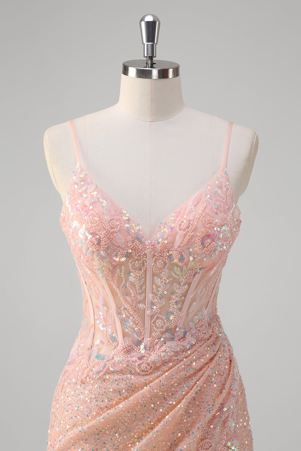 Sparkly Blush Mermaid Corset Sequined Prom Dress with Slit