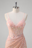 Sparkly Blush Mermaid Corset Sequined Prom Dress with Slit