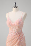 Sparkly Blush Mermaid Corset Sequined Prom Dress with Slit
