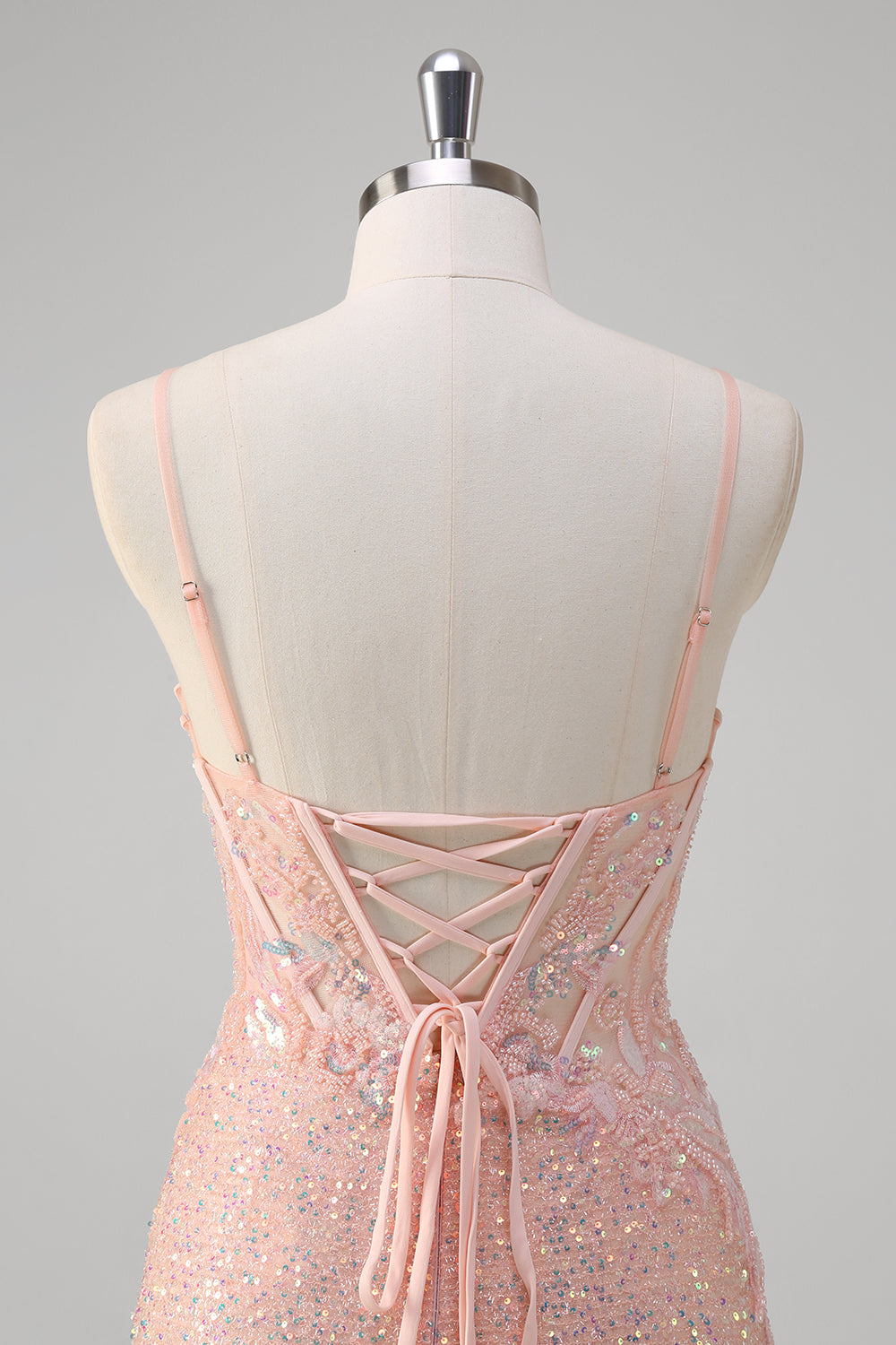 Sparkly Blush Mermaid Corset Sequined Prom Dress with Slit