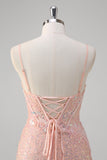 Sparkly Blush Mermaid Corset Sequined Prom Dress with Slit