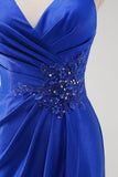 Royal Blue Mermaid Ruched Appliques Prom Dress with Slit