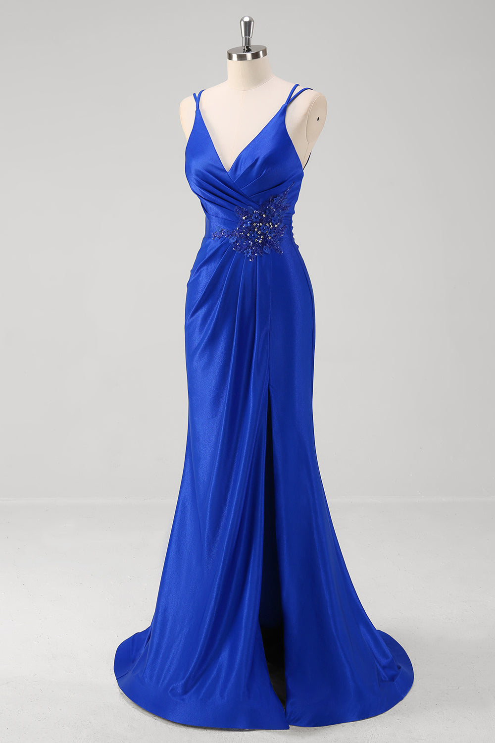 Royal Blue Mermaid Ruched Appliques Prom Dress with Slit