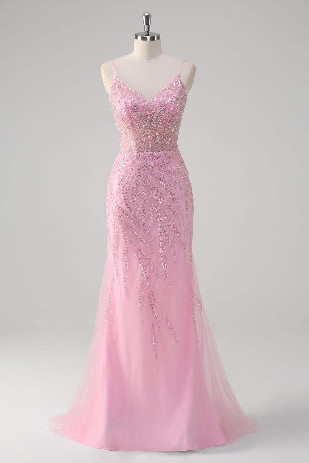 Sparkly Pink Sequined Tulle Mermaid Prom Dress