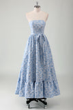 Blue Floral A Line Pleated Strapless Prom Dress with Belt