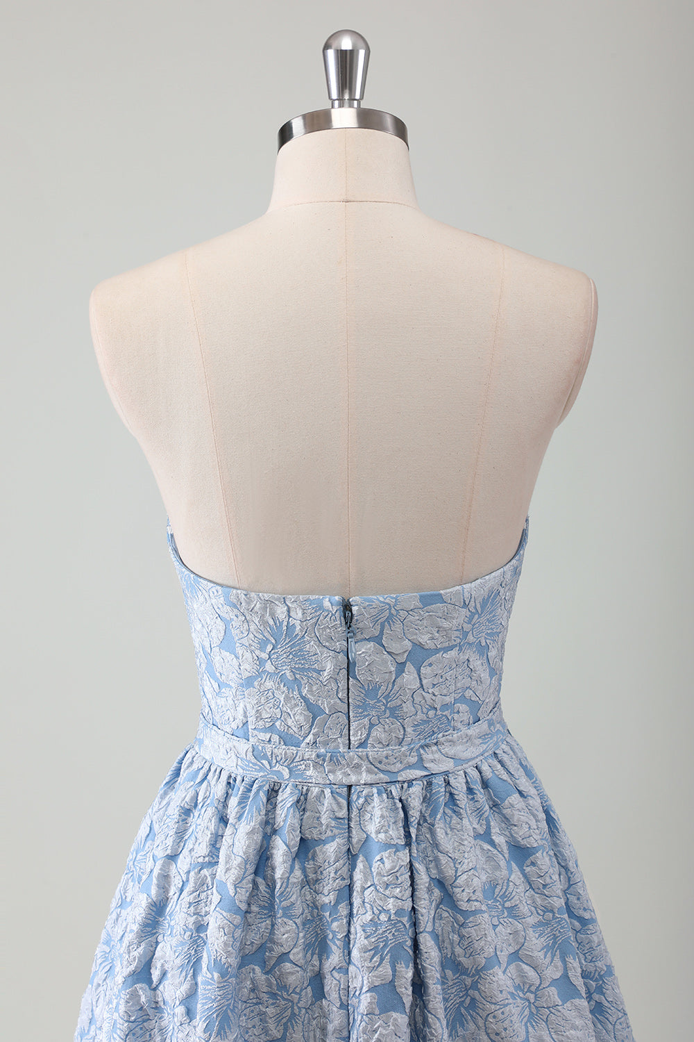 Blue Floral A Line Pleated Strapless Prom Dress with Belt