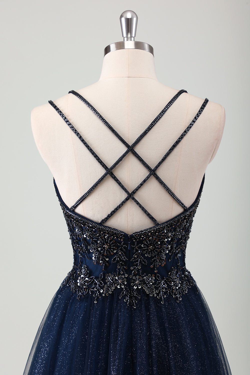 Navy A Line Tulle Sequined Beaded Criss Cross Back Prom Dress