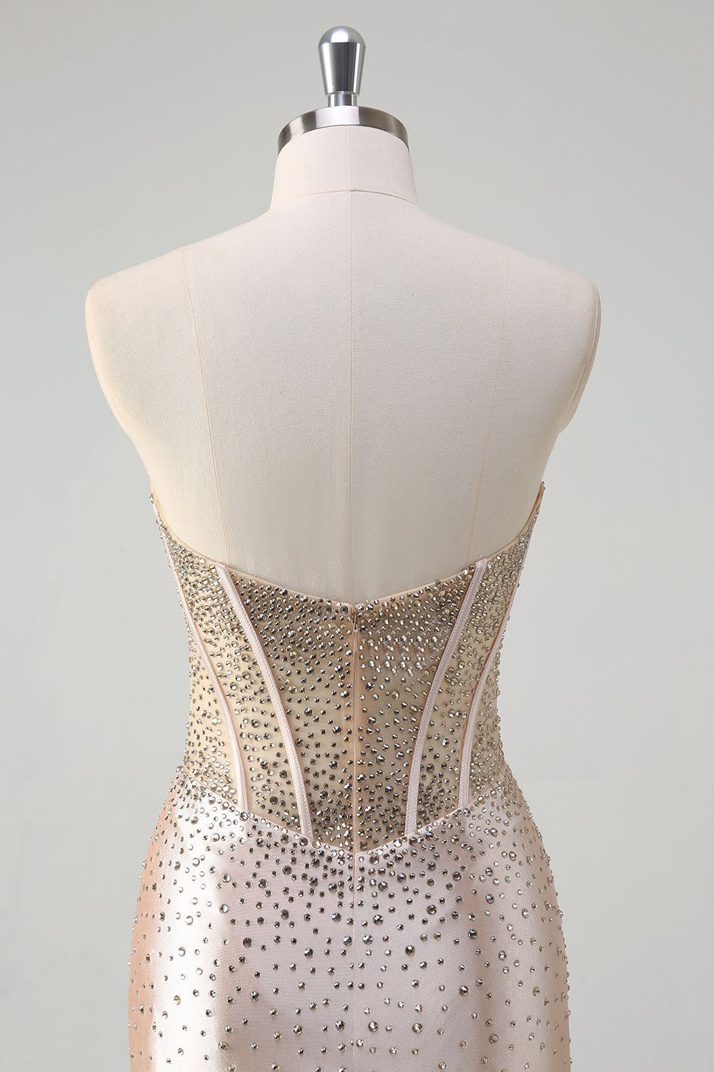 Champagne Sweetheart Corset Slit Satin Prom Dress with Beading