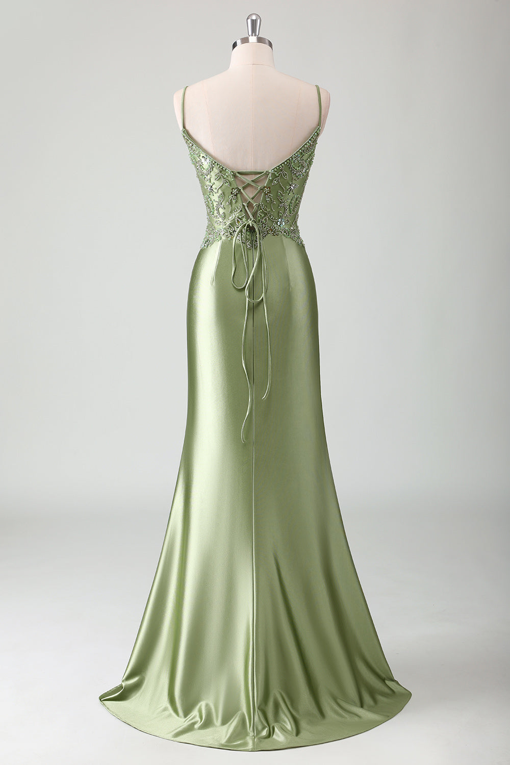 Sage Sequined Satin Mermaid Prom Dress with Lace-up Back