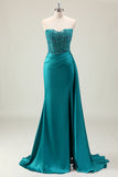Green Corset Mermaid Strapless Slit Prom Dress with Appliques