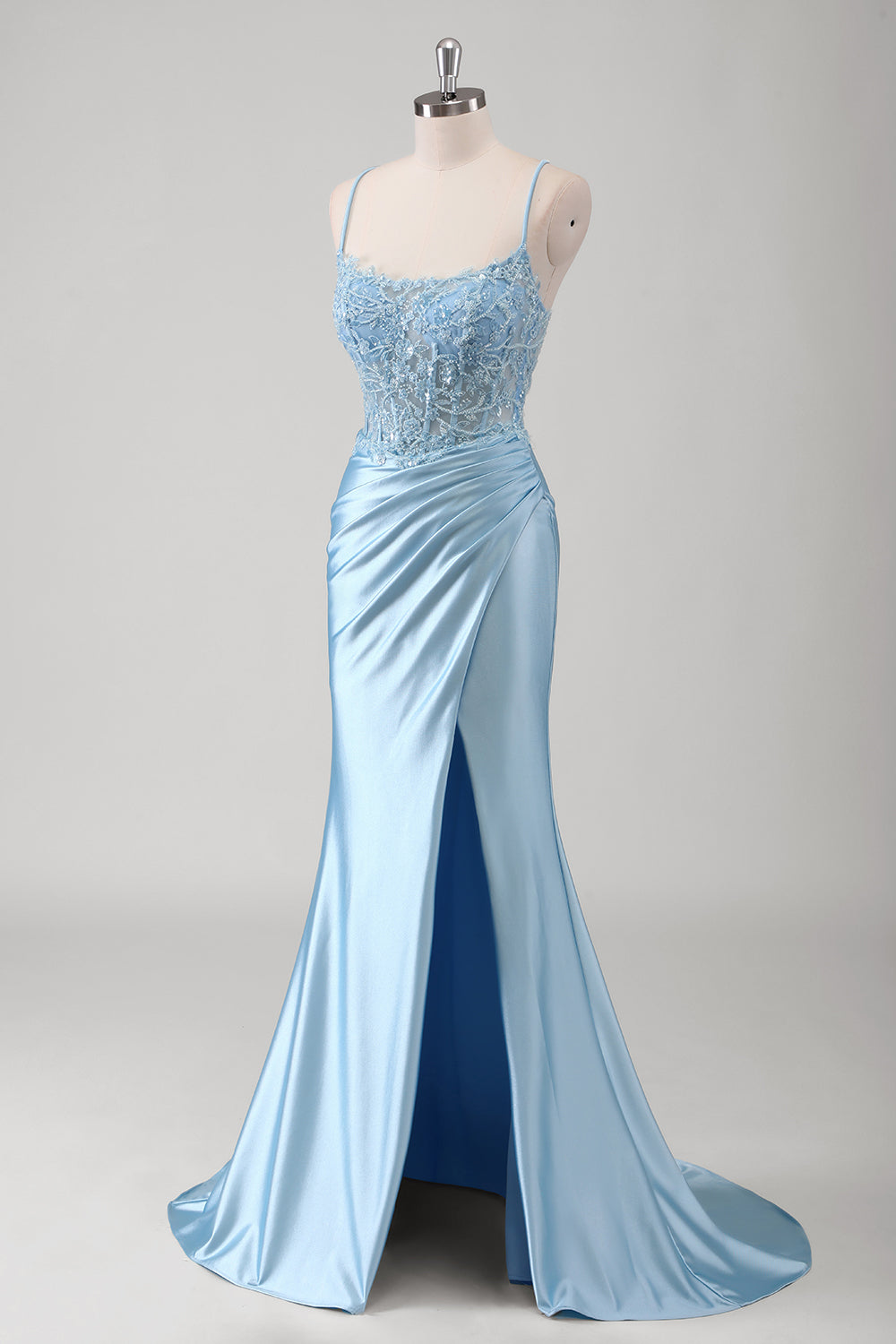 Blue Beaded Corset Slit Satin Ruched Mermaid Prom Dress with Lace-up Back