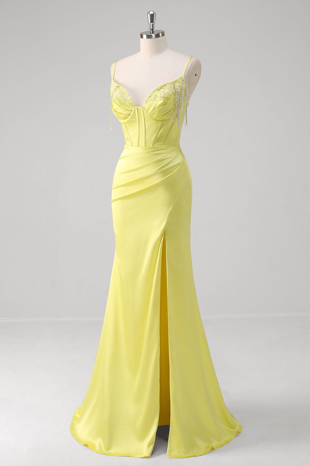 Yellow Ruched Mermaid Corset Prom Dress with Slit