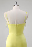 Yellow Ruched Mermaid Corset Prom Dress with Slit