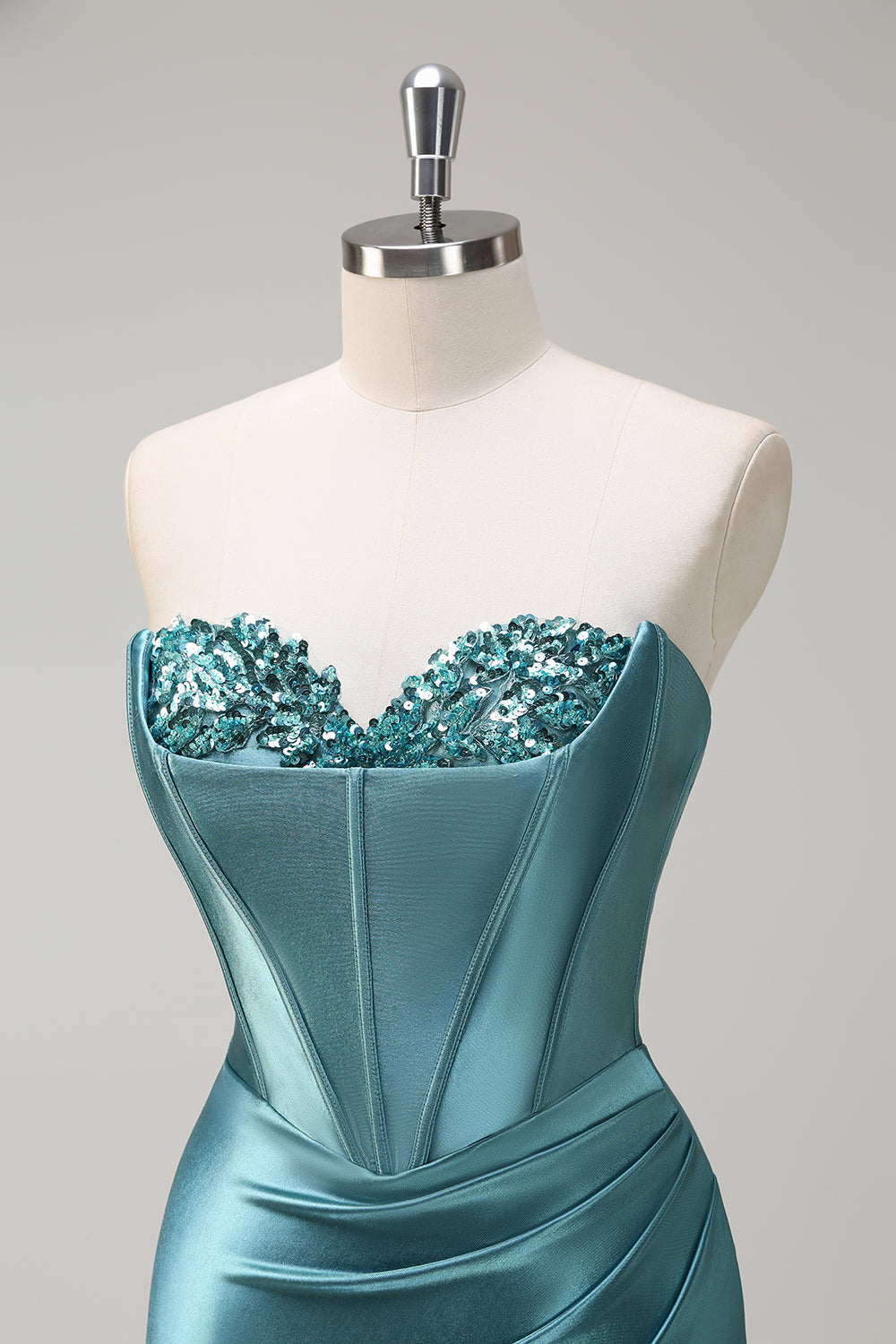 Grey Green Sequined Strapless Corset Mermaid Prom Dress with Slit