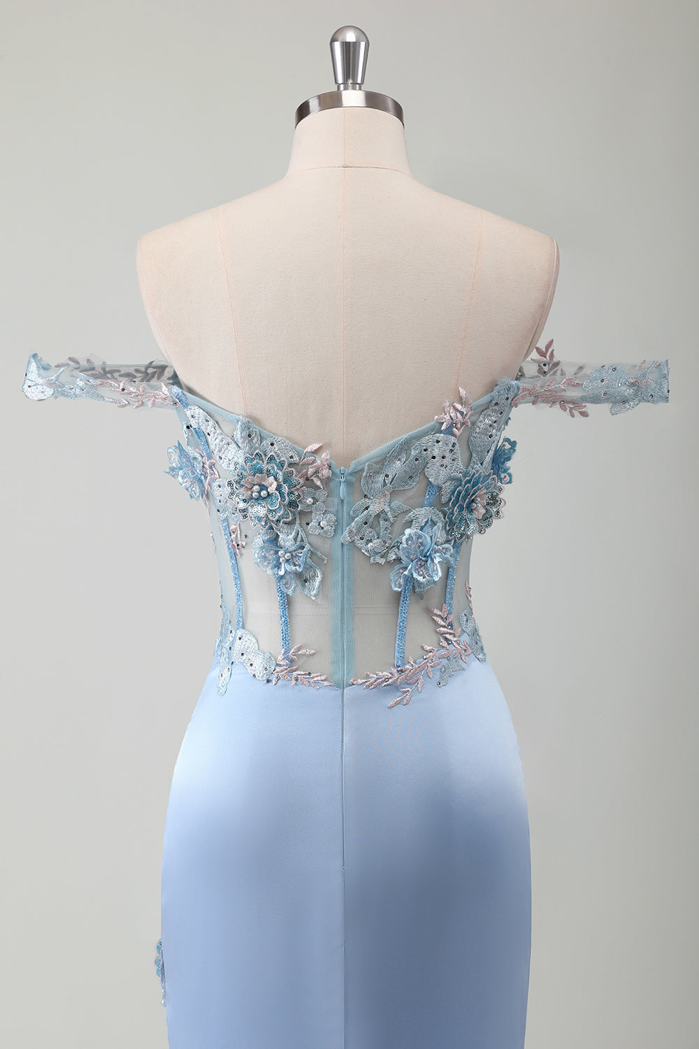 Fairy Sky Blue Off the Shoulder Side Slit Corset Prom Dress with Appliques