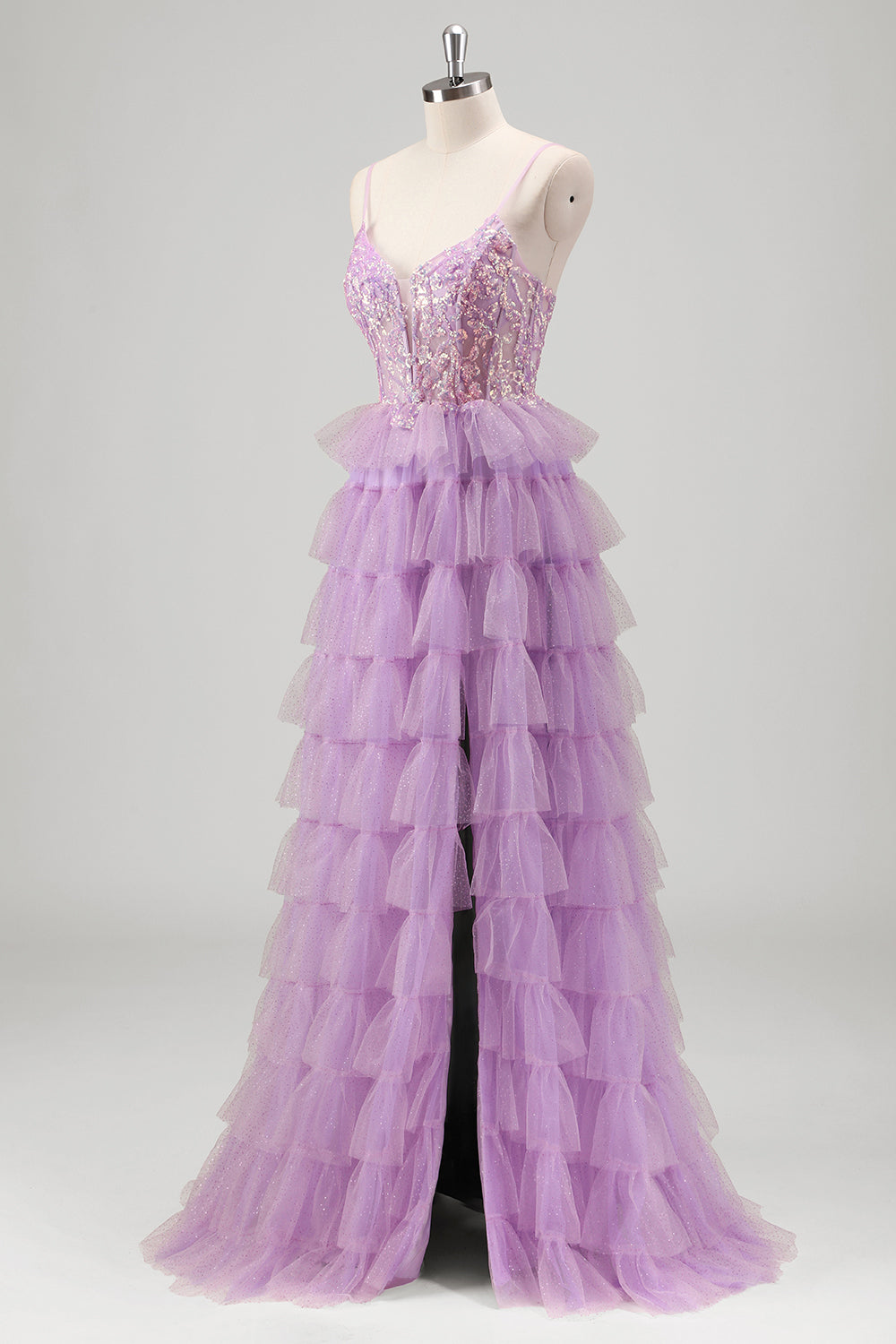 Glitter Lilac A Line Tiered Tulle Spaghetti Straps Corset Prom Dress with Slit