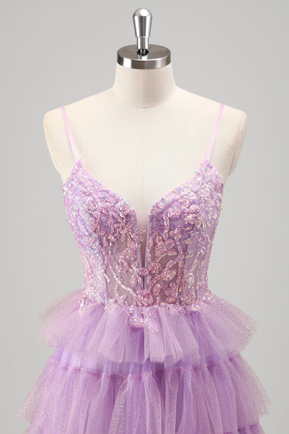 Glitter Lilac A Line Tiered Tulle Spaghetti Straps Corset Prom Dress with Slit