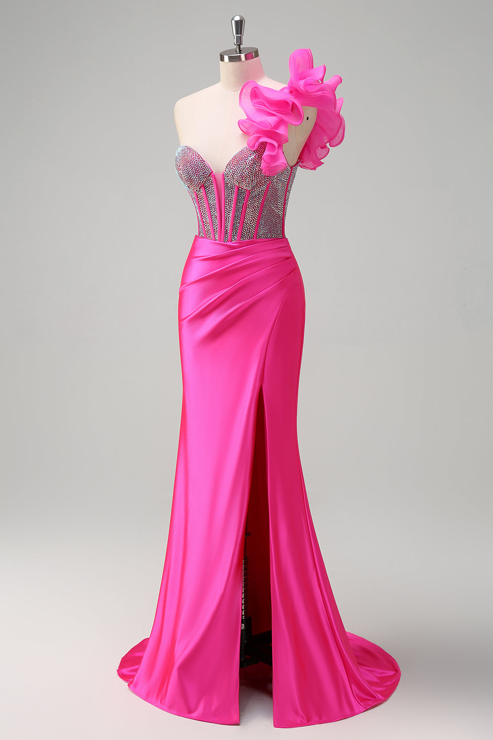 Lilac Flower Corset Beaded Ruched Satin Strapless Mermaid Prom Dress with Slit