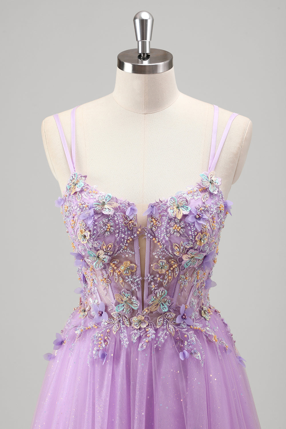 Lilac Beaded Appliques Tulle Prom Dress with Lace-up Back