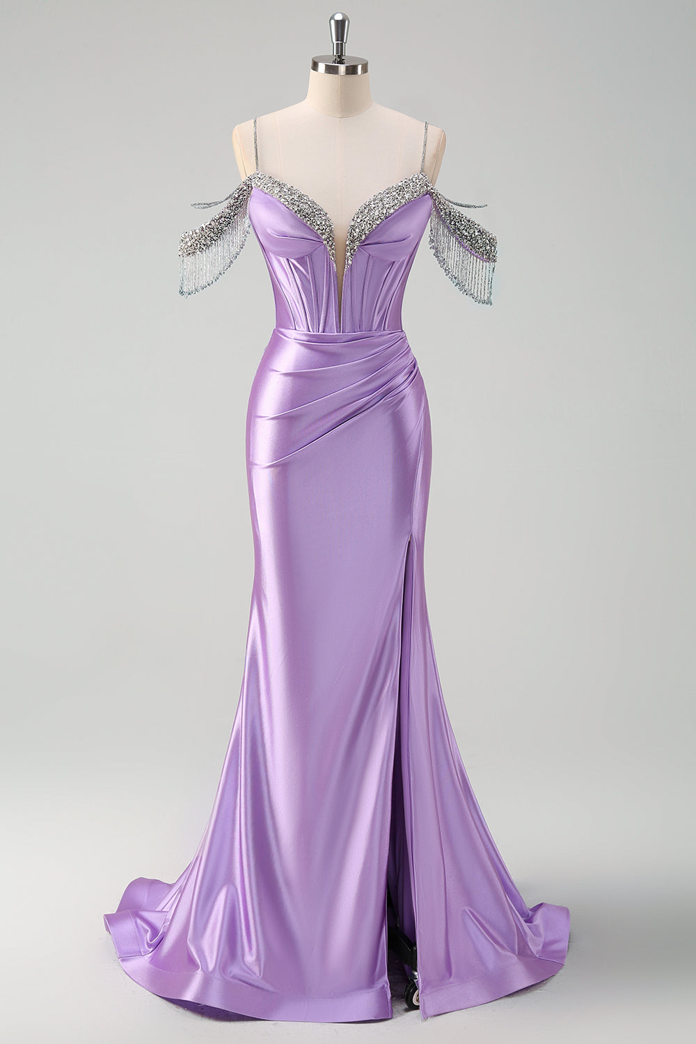 Lilac Corset Ruched Cold Shoulder Satin Mermaid Prom Dress with Slit