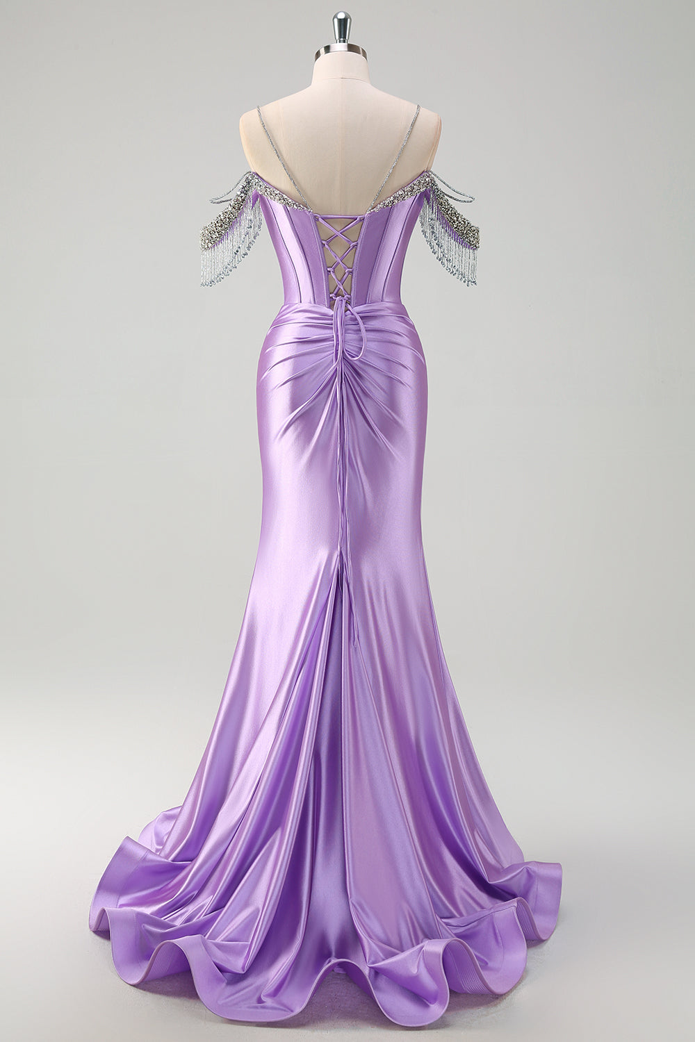 Lilac Corset Ruched Cold Shoulder Satin Mermaid Prom Dress with Slit