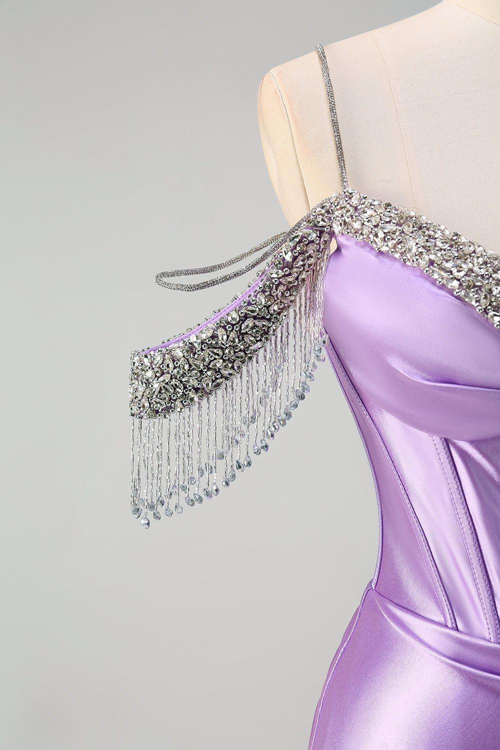 Lilac Corset Ruched Cold Shoulder Satin Mermaid Prom Dress with Slit