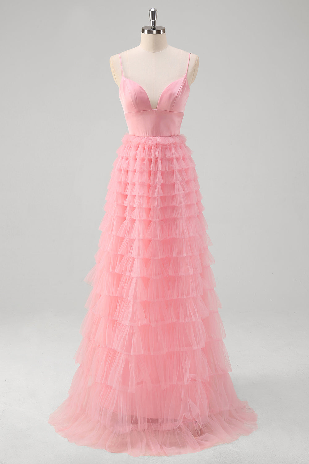 Pink Spaghetti Strpas Tiered Tulle A Line Prom Dress