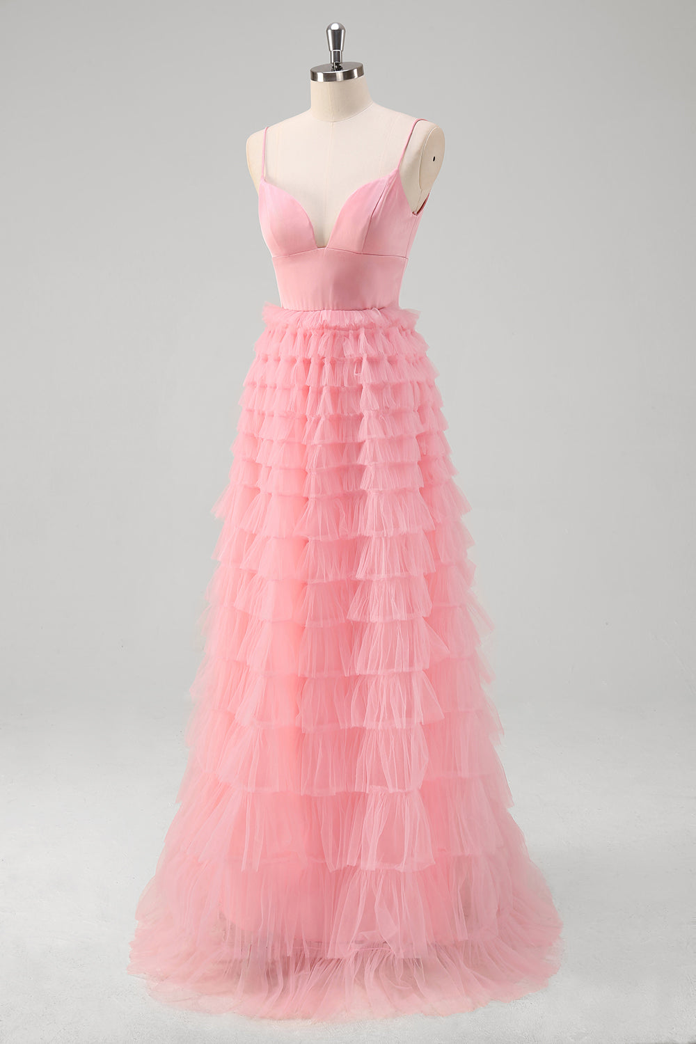 Pink Spaghetti Strpas Tiered Tulle A Line Prom Dress