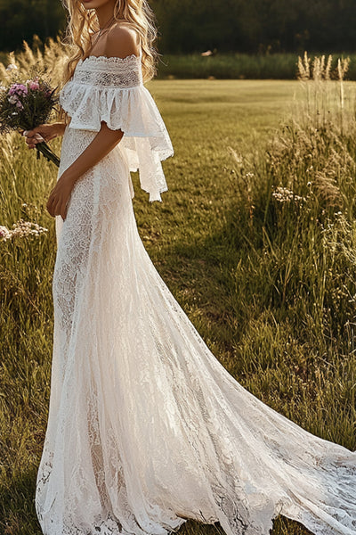 off shoulder boho wedding dress Berylove Women Delicate Ivory Boho Wedding Dress Off the Shoulder Maxi Lace Bridal Dress, Ivory / US12
