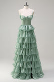 Dusty Sage A Line Spaghetti Straps Tiered Maxi Dress with Slit