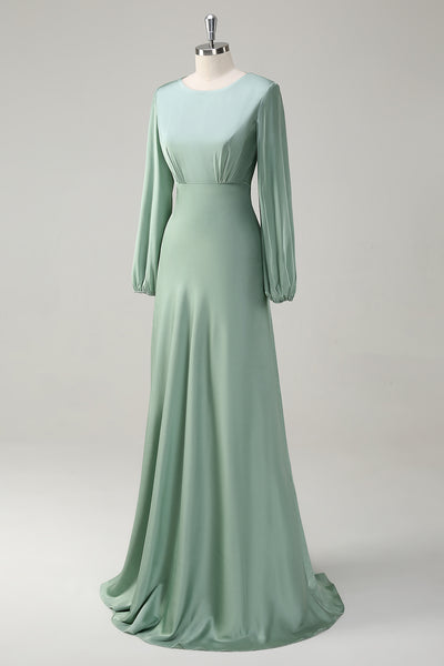 Berylove Women Sage Bridesmaid Dress Satin A Line Long Sleeve Round Neck Maxi Modest Wedding Guest Dress