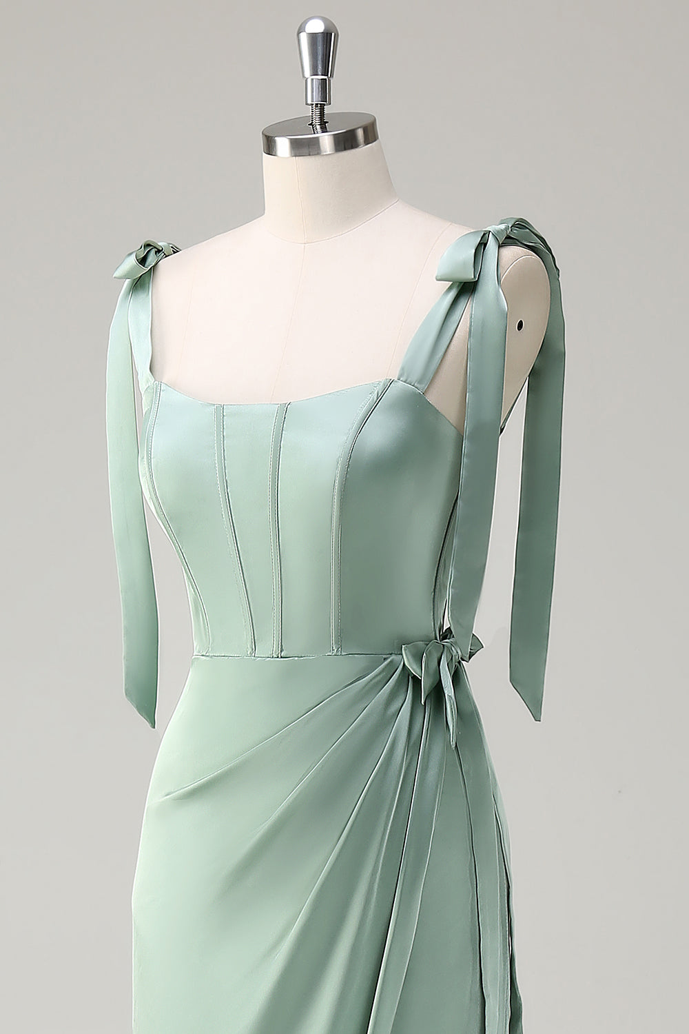 Sage Corset Convertible Straps Sheath Bridesmaid Dress with Slit