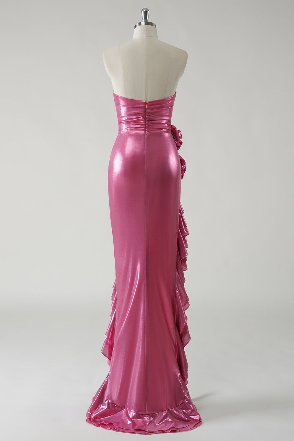 Metallic Fuchsia Ruched Detachable Straps Prom Dress with Ruffled Slit