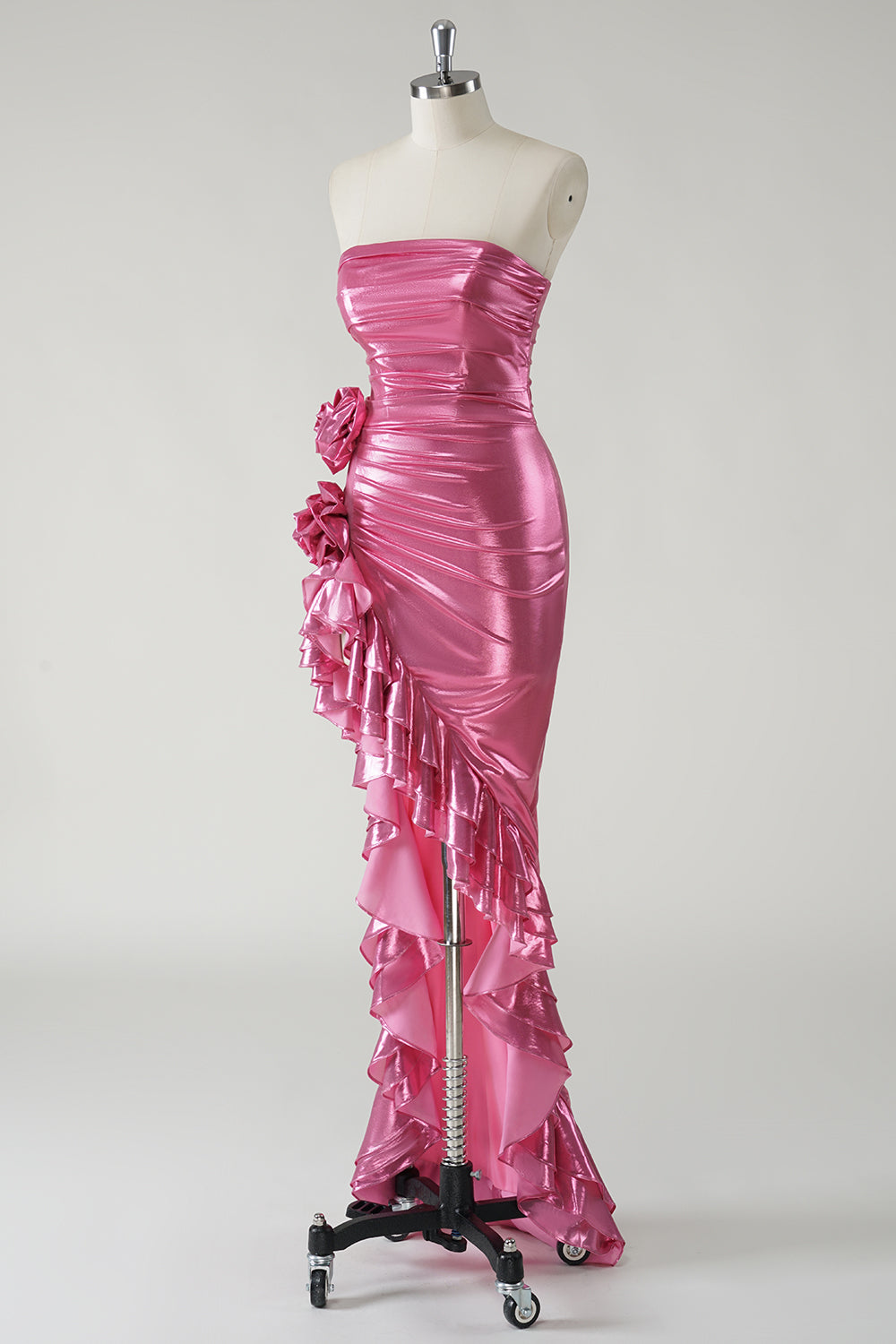 Metallic Fuchsia Ruched Detachable Straps Prom Dress with Ruffled Slit