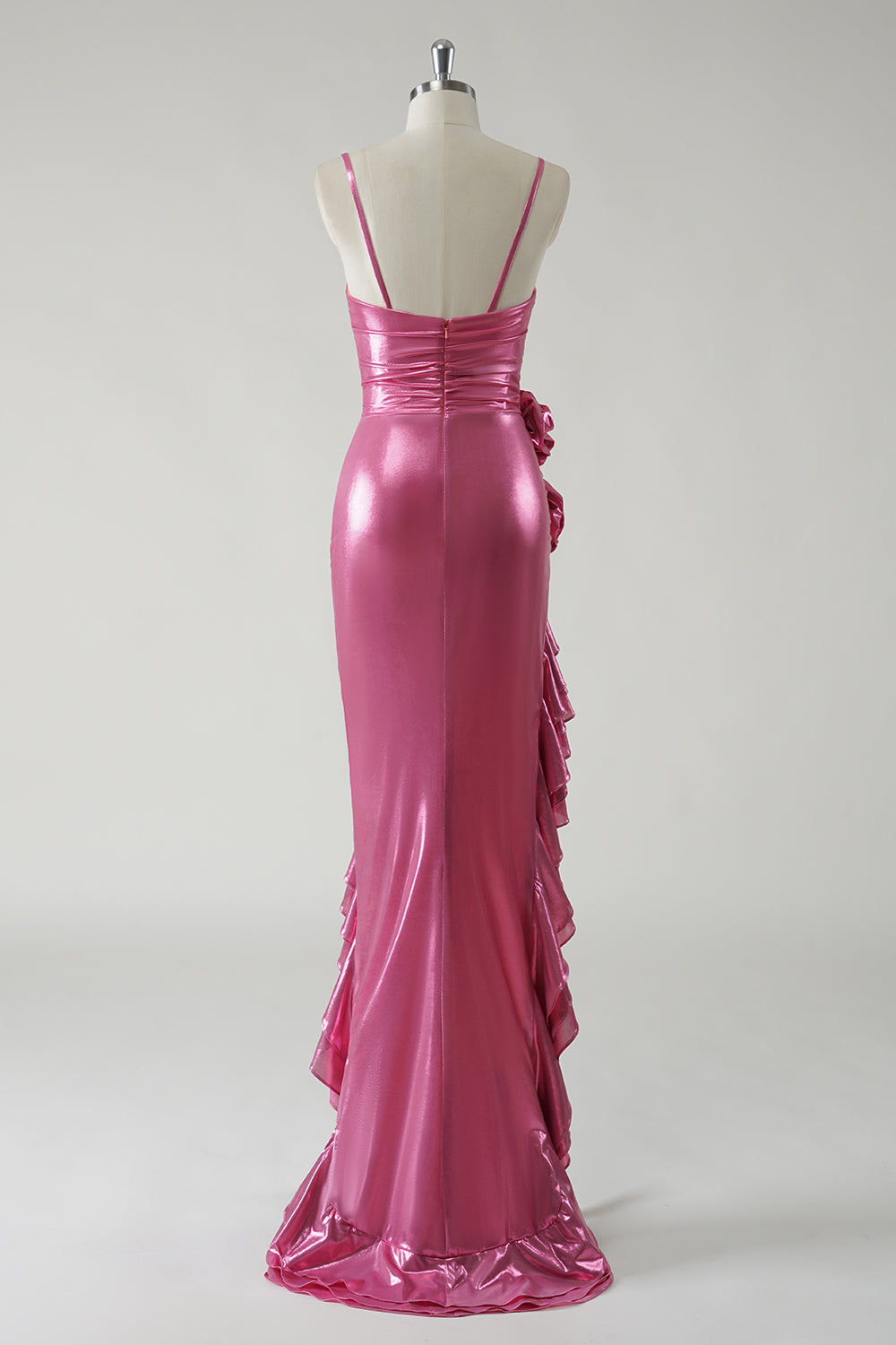 Metallic Fuchsia Ruched Detachable Straps Prom Dress with Ruffled Slit