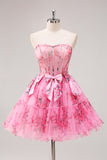 Floral Fuchsia A Line Corset Strapless Homecoming Dress with Bows