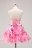 Floral Fuchsia A Line Corset Strapless Homecoming Dress with Bows