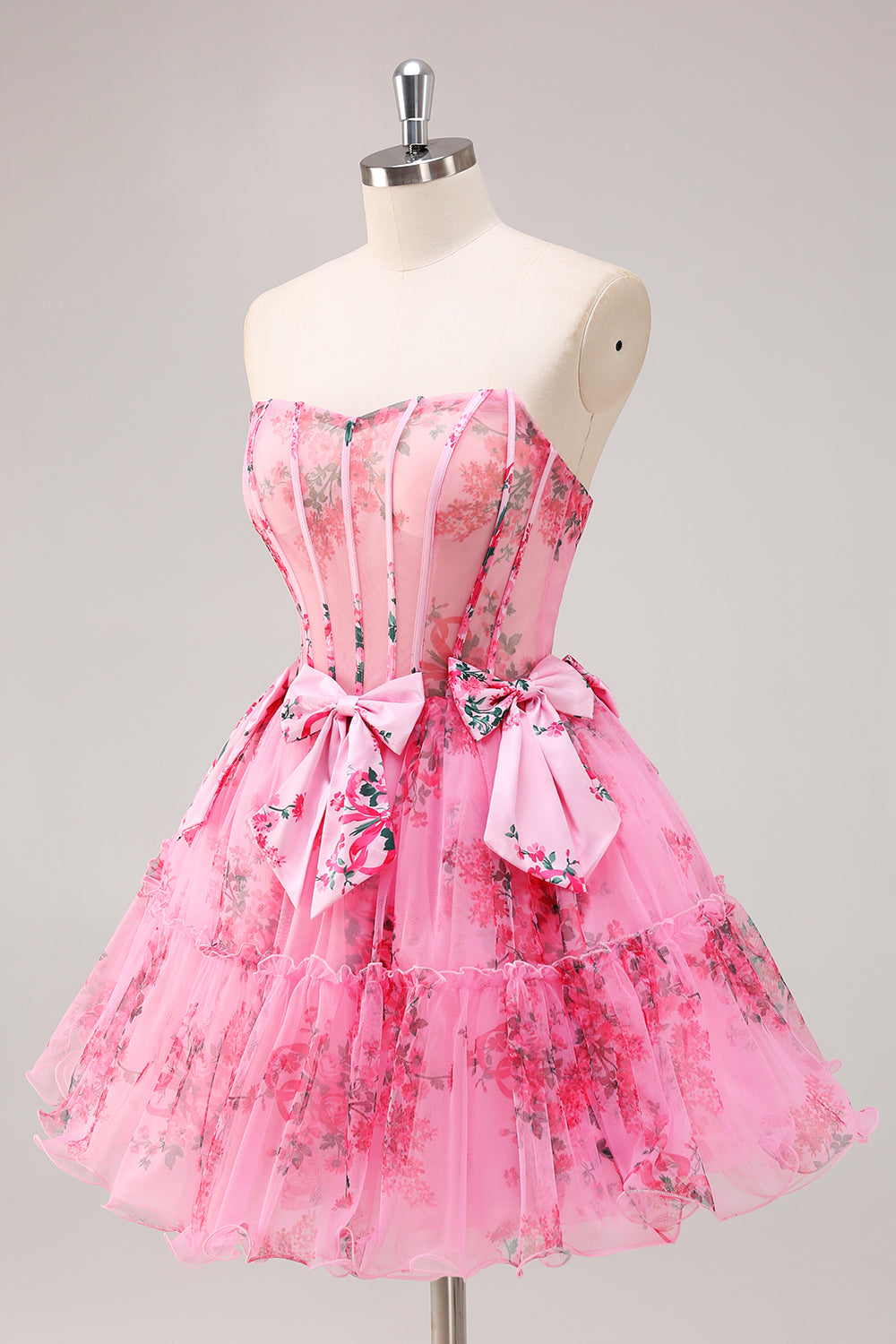 Floral Fuchsia A Line Corset Strapless Homecoming Dress with Bows