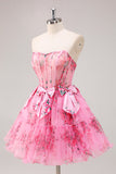 Floral Fuchsia A Line Corset Strapless Homecoming Dress with Bows