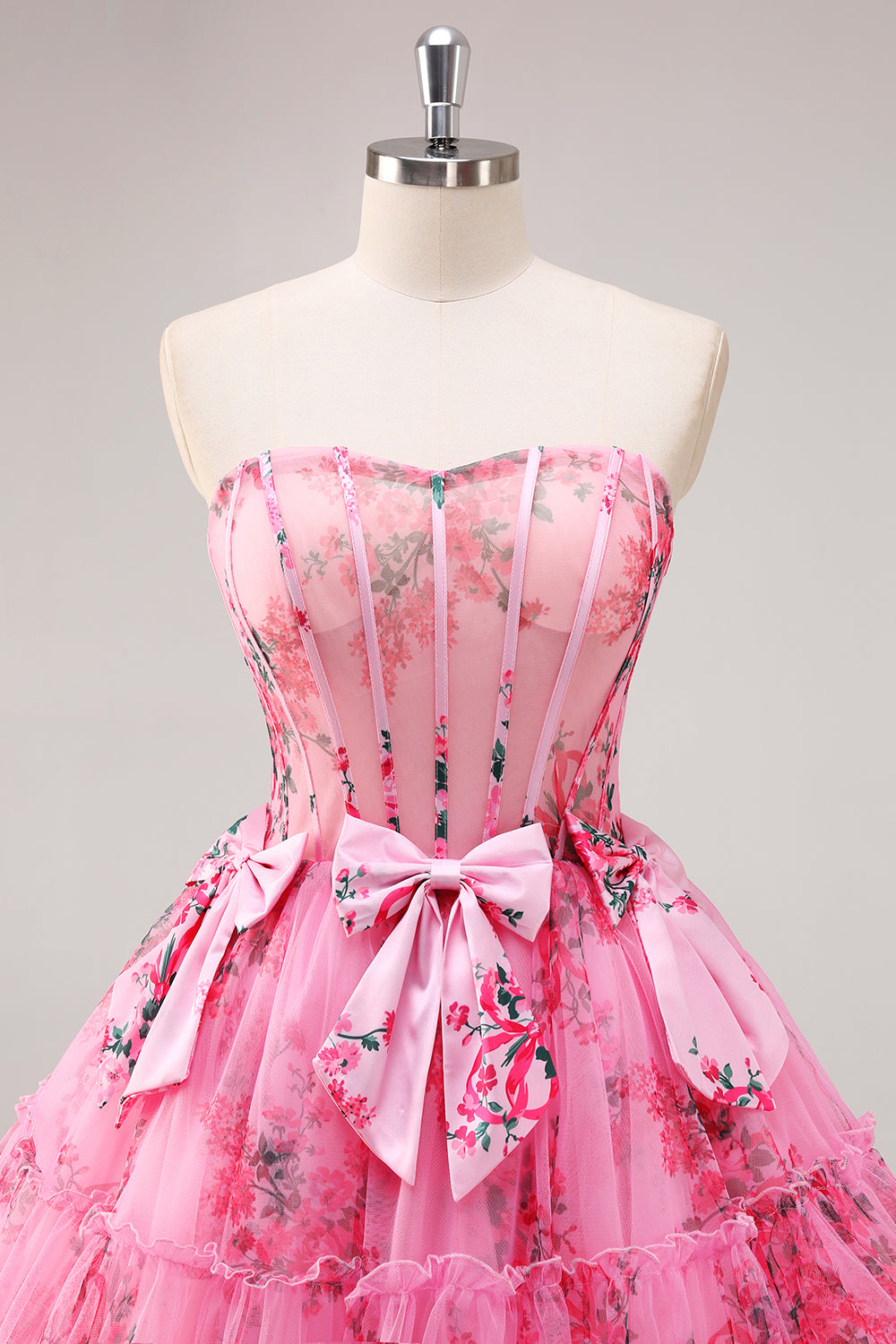 Floral Fuchsia A Line Corset Strapless Homecoming Dress with Bows