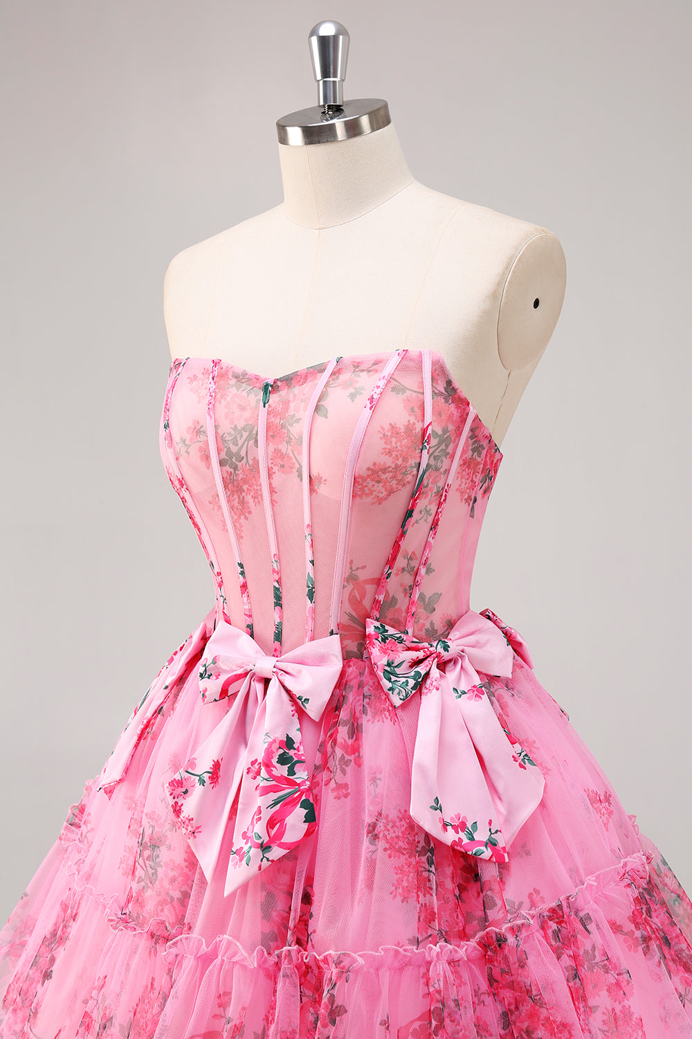 Floral Fuchsia A Line Corset Strapless Homecoming Dress with Bows