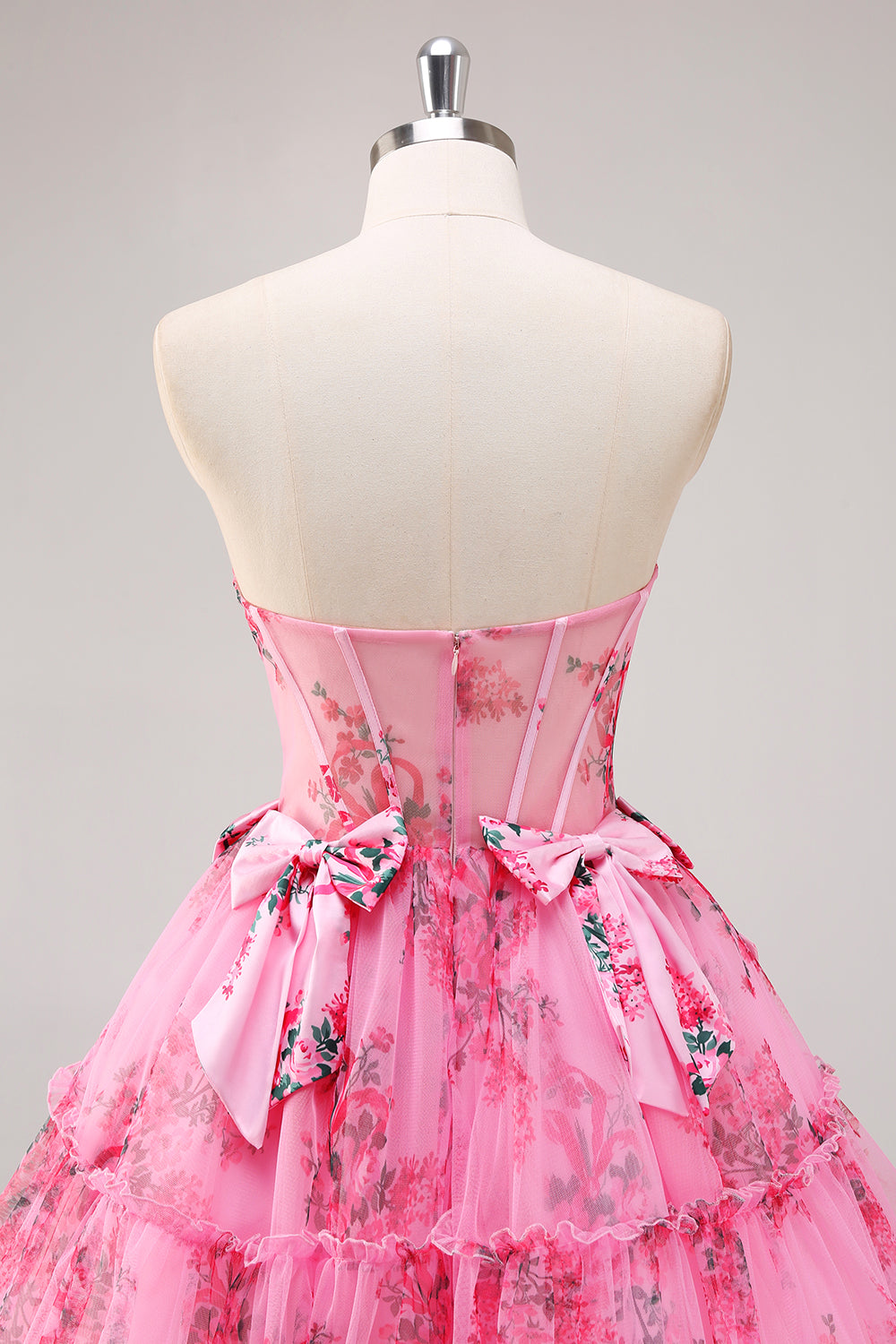 Floral Fuchsia A Line Corset Strapless Homecoming Dress with Bows