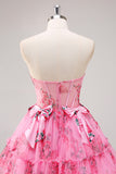 Floral Fuchsia A Line Corset Strapless Homecoming Dress with Bows