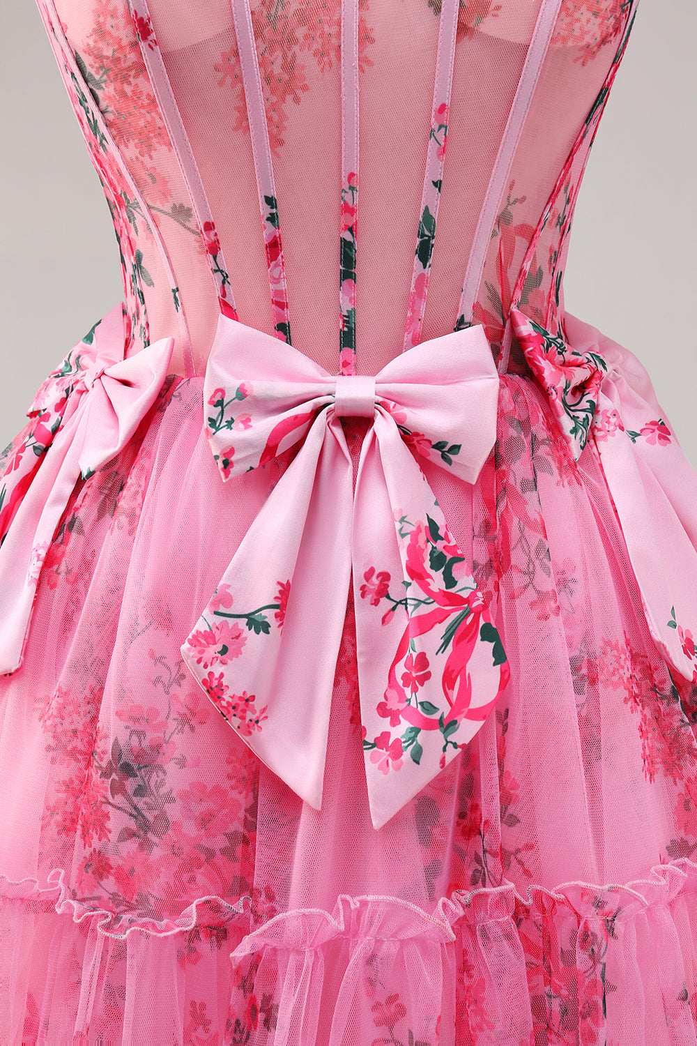 Floral Fuchsia A Line Corset Strapless Homecoming Dress with Bows