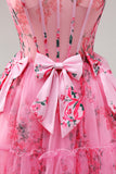 Floral Fuchsia A Line Corset Strapless Homecoming Dress with Bows