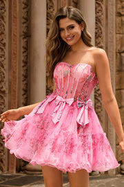 Floral Fuchsia A Line Corset Strapless Homecoming Dress with Bows