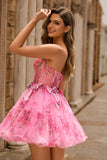 Floral Fuchsia A Line Corset Strapless Homecoming Dress with Bows