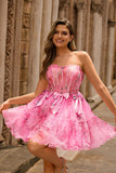 Strapless Pink Corset Floral A-Line Homecoming Dress With Bows