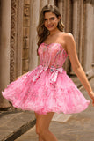 Strapless Pink Corset Floral A-Line Homecoming Dress With Bows