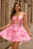 Strapless Pink Corset Floral A-Line Homecoming Dress With Bows